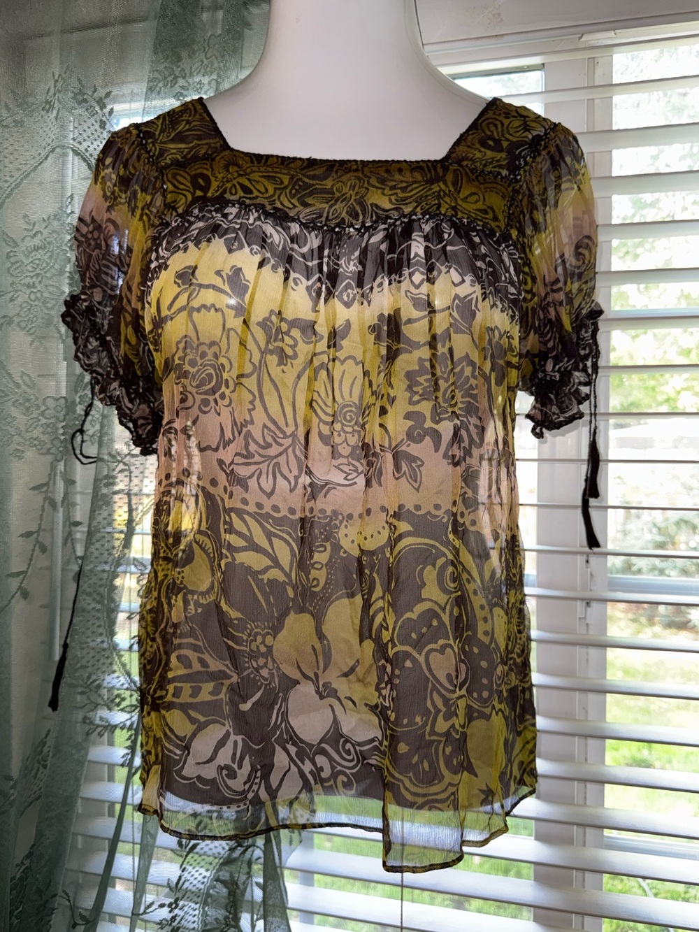 ECI Sheer Floral Square-Neck Women’s Top in Yellow and Black